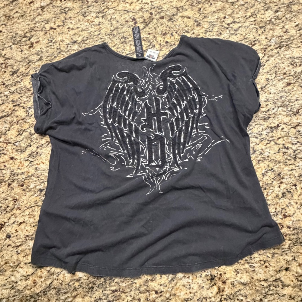 Harley Davidson Womens 2XL Black Lace Logo Graphic T-Shirt Rolled Sleeve ws